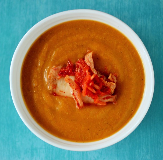 broccoli, cauliflower and carrot soup with kimchi
